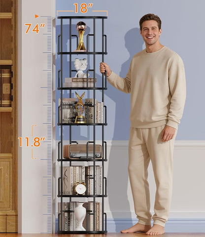 6 Tier Rotating Bookshelf Tower Round Black, 74”Tall Spinning Bookshelf Tower - Image 2
