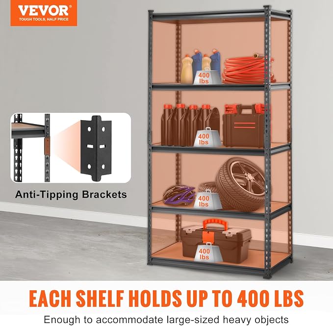 VEVOR Storage Shelving Unit, 5-Tier Adjustable, 2000 lbs Capacity, Heavy Duty - Image 4