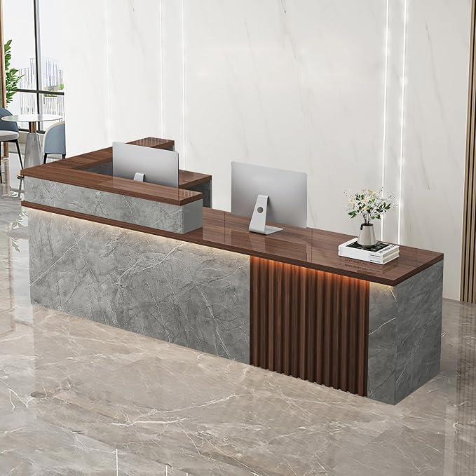 Receptionist Desk with LED Light，Wooden Salon Checkout Counter with Storage by Unknown