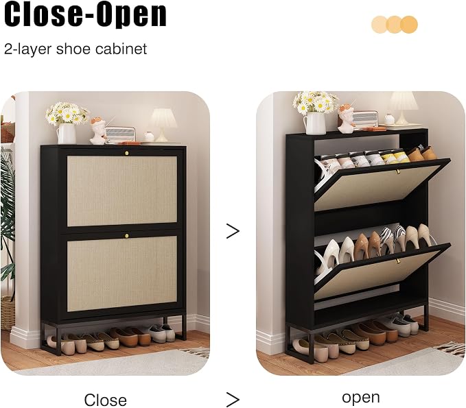 Rattan Shoe Cabinet with 2 Flip Drawers, Simple Setup Hidden Shoe Rack - Image 3