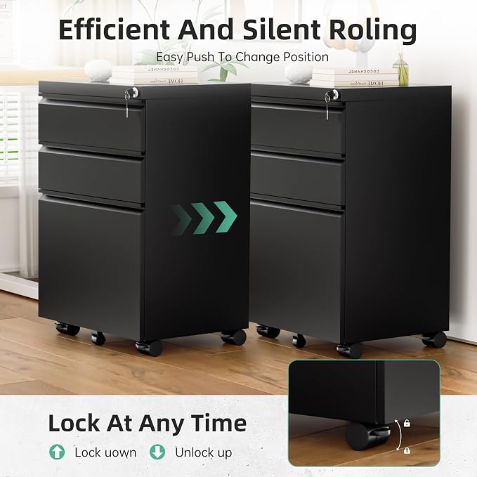 Bonusall 3 Drawer Black File Cabinet, Fully Assembled Metal Rolling Filing - Image 7