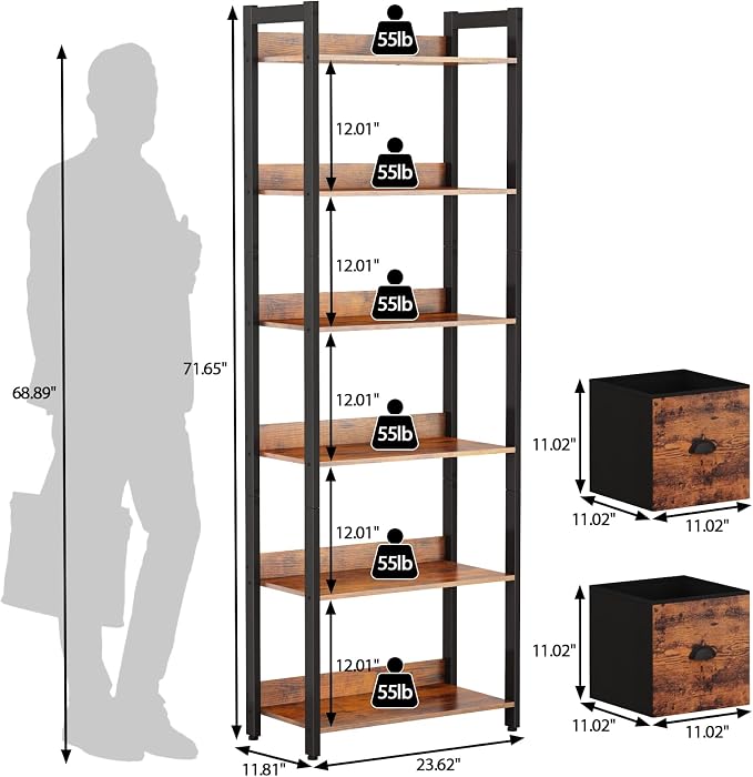 Furologee 6-Tier Bookshelf, Tall 71" Rustic Bookcase - Image 3