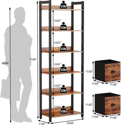 Furologee 6-Tier Bookshelf, Tall 71" Rustic Bookcase - Image 3