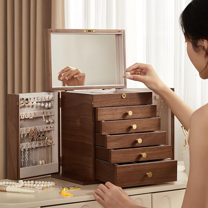CHOSIN Black Walnut Wooden Jewelry Box, 6-Layer Lockable Wood Jewelry Organizer - Image 5