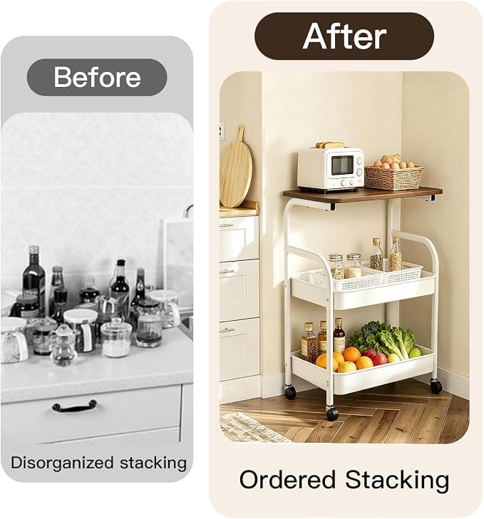 3 Tier Rolling Cart with Walnut Table Top, Sturdy Metal Storage Cart with - Image 6