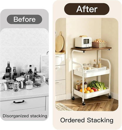 3 Tier Rolling Cart with Walnut Table Top, Sturdy Metal Storage Cart with - Image 6