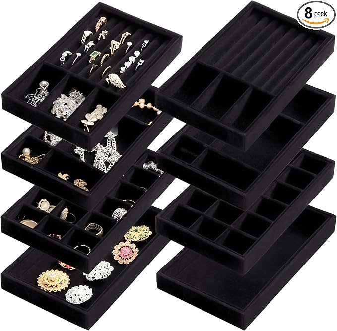 Elsjoy 8 Pack 4 Styles Black Velvet Jewelry Trays, Jewelry Organizer Tray by Elsjoy