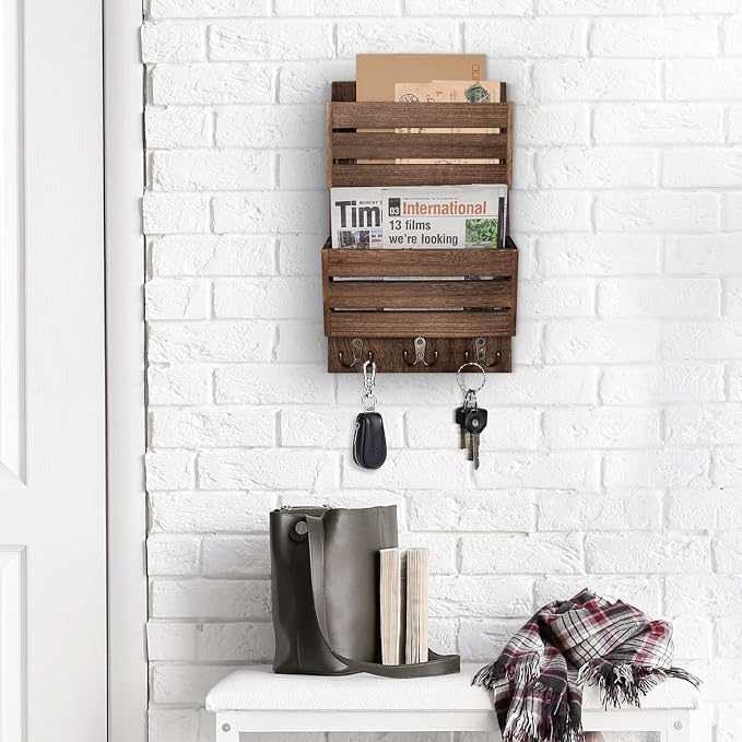 Unistyle Mail Organizer with 4 Hooks, Rustic Brown Wall Mount, Cedar Wood Key - Image 3