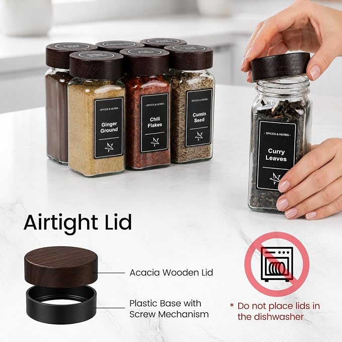 Glass Spice Jars with Grinder Lid 24 Pack 4 oz Acacia Wood | 780 Labels - Image 6