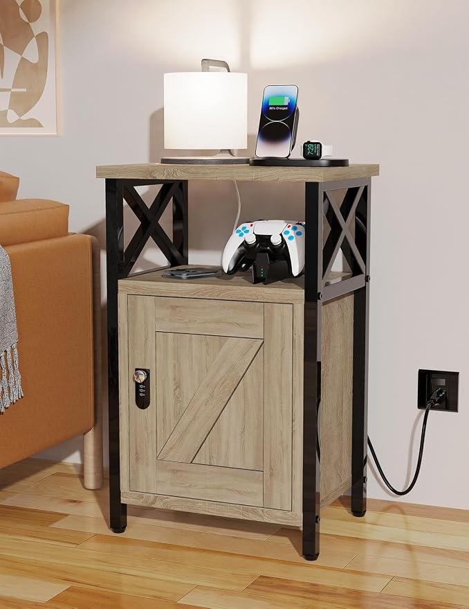 runjuly Wooden Nightstand with Lock Cabinet and Charging Station, Greige | 1 - Image 6