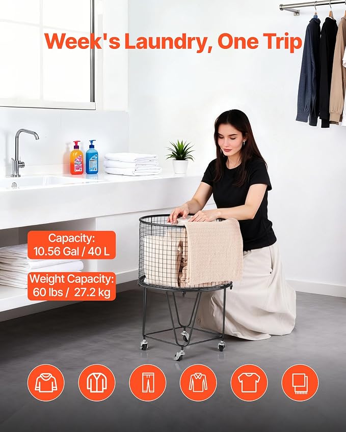 VEVOR Laundry Basket with Wheels, Metal Storage Cart Deep Set Rolling Mesh - Image 2