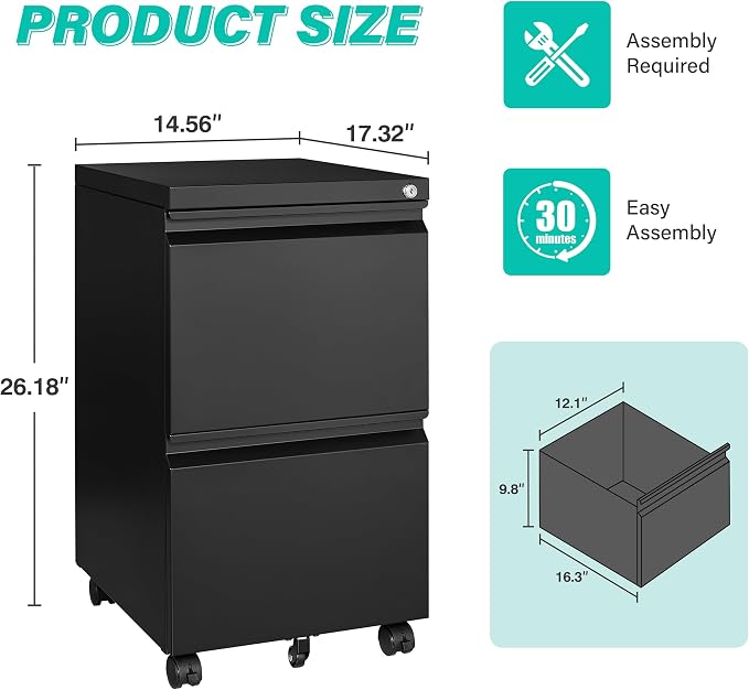 SISESOL 2 Drawer File Cabinet on Wheels, Metal Filing Cabinet - Image 3