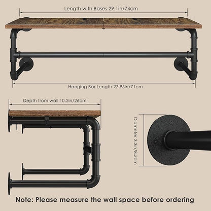 Clothes Rack with Top Shelf, 29.1in Industrial Pipe Wall Mounted Garment Rack - Image 2