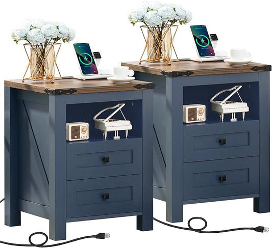 Nightstands Set of 2 with Charging Station, Farmhouse Night Stand with 2 by Joaxswe