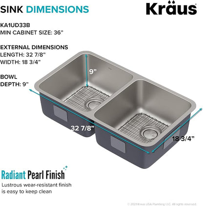 KRAUS Dex 33-inch Undermount 16 Gauge Stainless Steel Double Bowl Kitchen Sink - Image 7