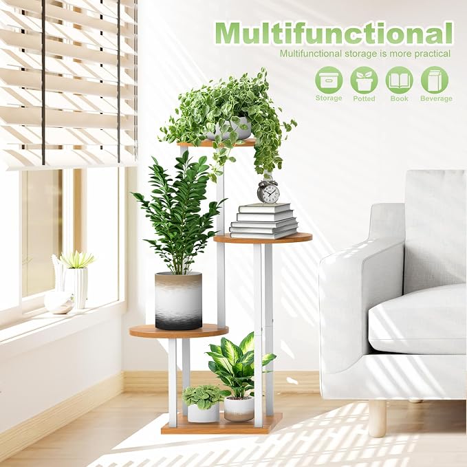 4 Tier Wood Tall Plant Stand Metal Rack Indoor, Round Planter Shelf Display - Image 6