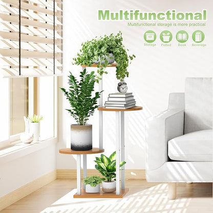 4 Tier Wood Tall Plant Stand Metal Rack Indoor, Round Planter Shelf Display - Image 6