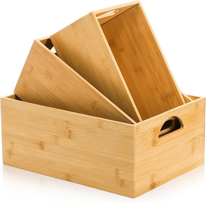 DEAYOU 3 Pack Bamboo Storage Bin, Bamboo Storage Box Crate, Natural Nesting - Image 3