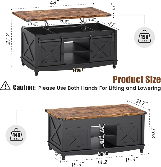 ALLSTAND 48" Farmhouse Lift Top Coffee Table - Image 2