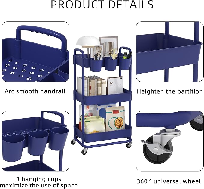 JIUYOTREE 3-Tier Plastic Rolling Storage Cart Utility Cart - Image 7