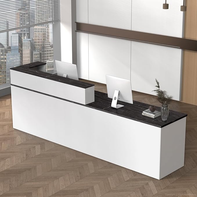 L Shape Reception Desk with Counter, Lockable Drawer, Keyboard Tray, and by Huariifowm