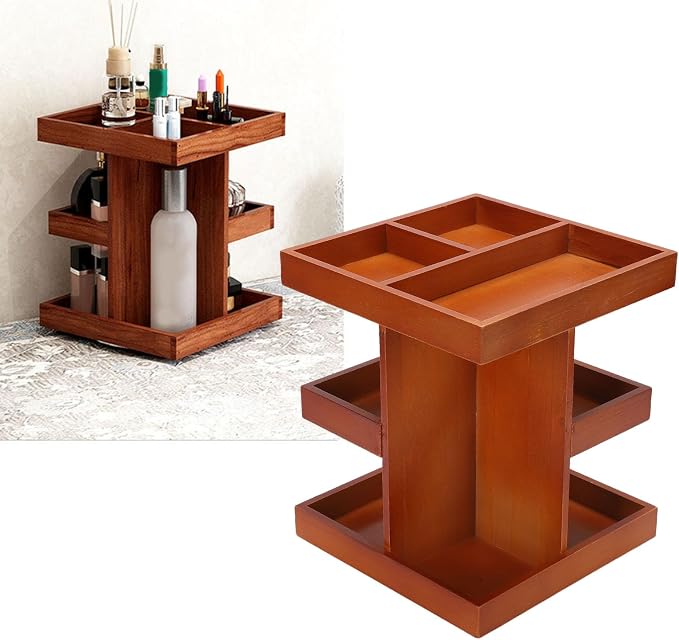 Wooden Rotating Makeup Organizer, 360 Spinning Vanity Makeup Holder Rack - Image 2