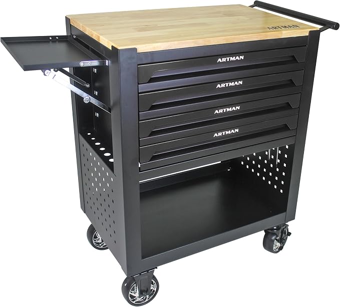 36" Tool Box with Wheels 4 Drawers Rolling Tool Cart, Wooden Top Workbench by pouseayarMassageTable