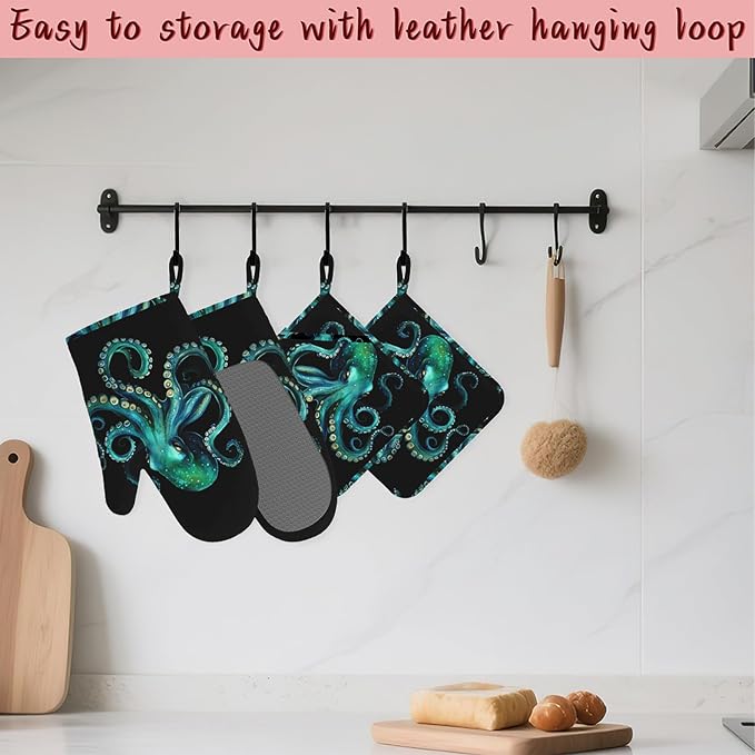 Octopus Silicone Oven Mitts and Pot Holders, Heat-Resistant 4 Piece Kitchen Set - Image 5