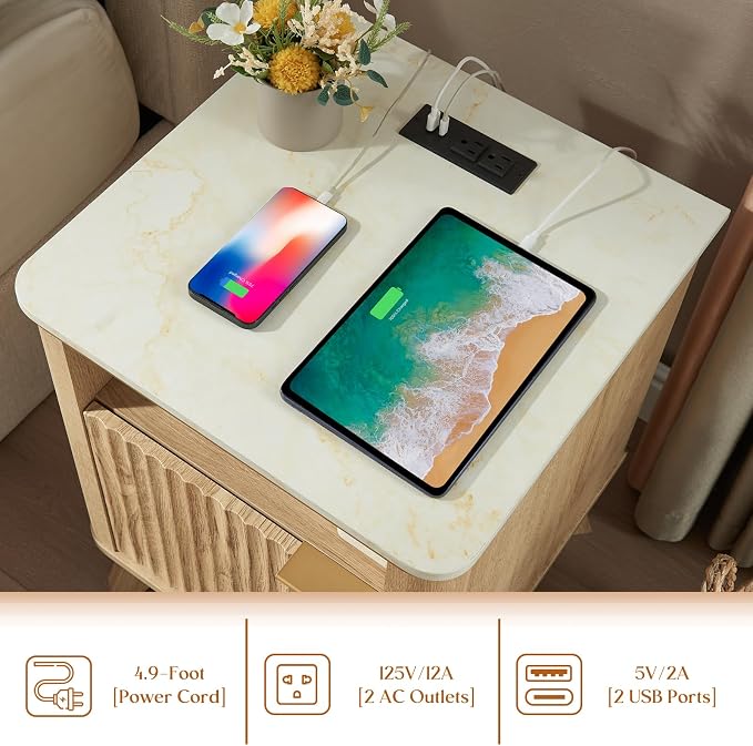 QUW Fluted Nightstands with Charging Station, Wooden Bedside Table with Faux - Image 4