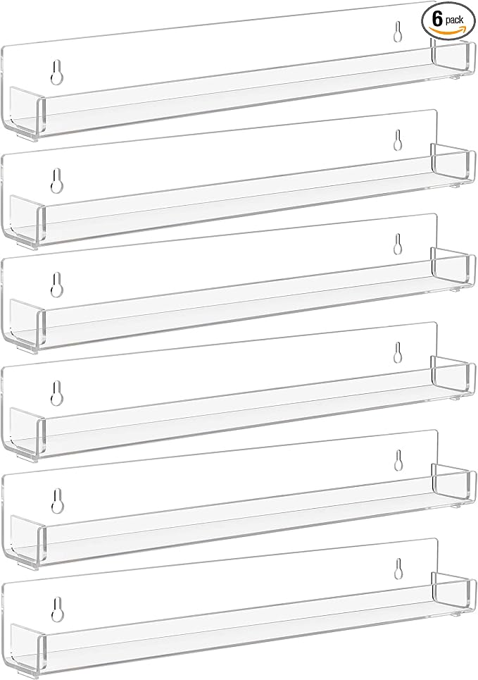 6 Pack Clear Nail Polish Rack Wall Mounted, 15 inch Invisible Acrylic Floating by Baosia