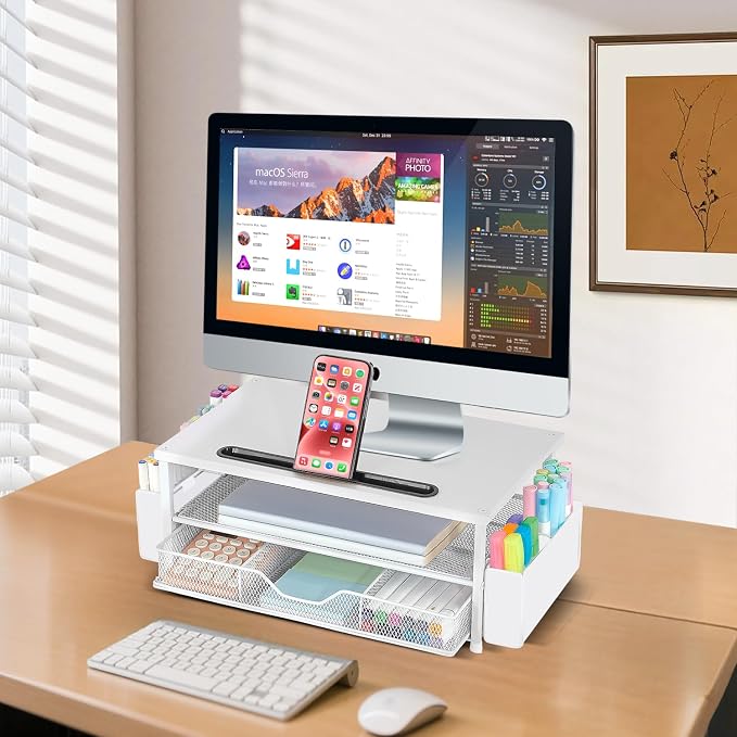 AUPSEN White Monitor Stand Riser, 2-Tier Wood Computer Desk Organizer - Image 5