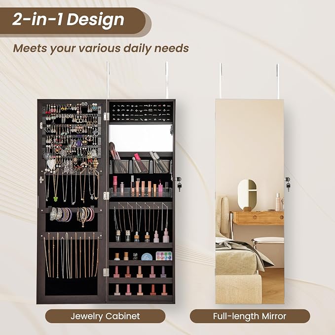 CHARMAID Jewelry Cabinet Wall or Door Mounted, Hanging Lockable Jewelry Armoire - Image 6