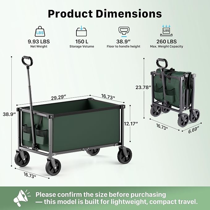 29.3" Collapsible Wagon Cart, 150L Heavy Duty Folding Utility Wagon - Image 3