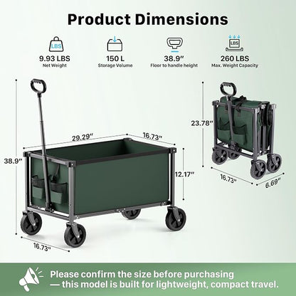 29.3" Collapsible Wagon Cart, 150L Heavy Duty Folding Utility Wagon - Image 3