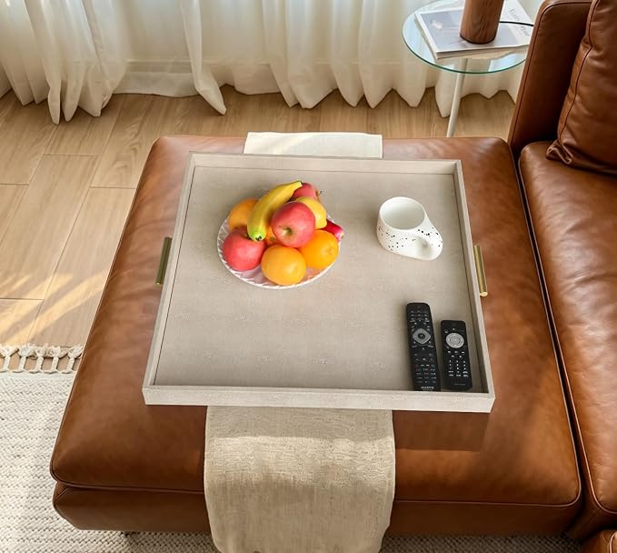 HofferRuffer Extra Large Square Serving Tray, Elegant Faux Leather Ottoman Tray - Image 7