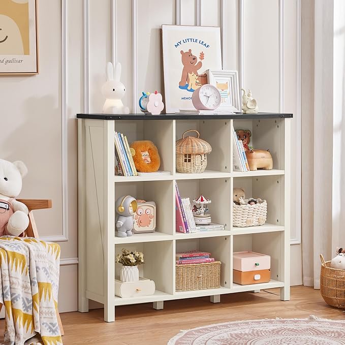 9 Cube Bookcase, Farmhouse 47 Inch Wide White Bookshelf, Wooden 3 Tier Display - Image 7