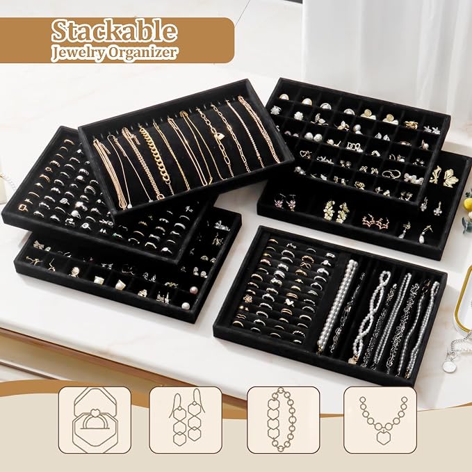 Large Velvet Jewelry Tray 2 Pack Stackable Jewelry Display Drawer Inserts Trays - Image 7