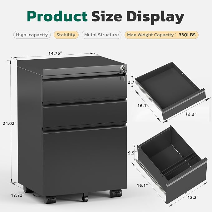 Greenvelly 3 Drawer Mobile File Cabinet - Image 3