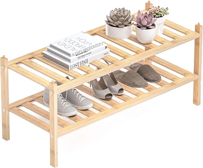 Shoe Rack, 2-Tier Bamboo Stackable Shelf Storage Organizer, Stand by Dranixly