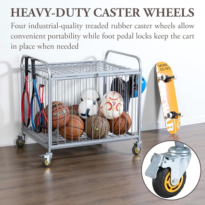 MyGift Large Capacity Metal Rolling Multi Sports Ball Cage Storage Hopper - Image 2