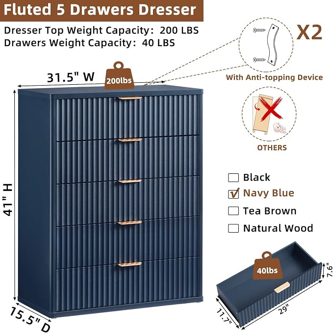 Fluted 5 Drawers Dresser for Bedroom, Living Room - Image 2