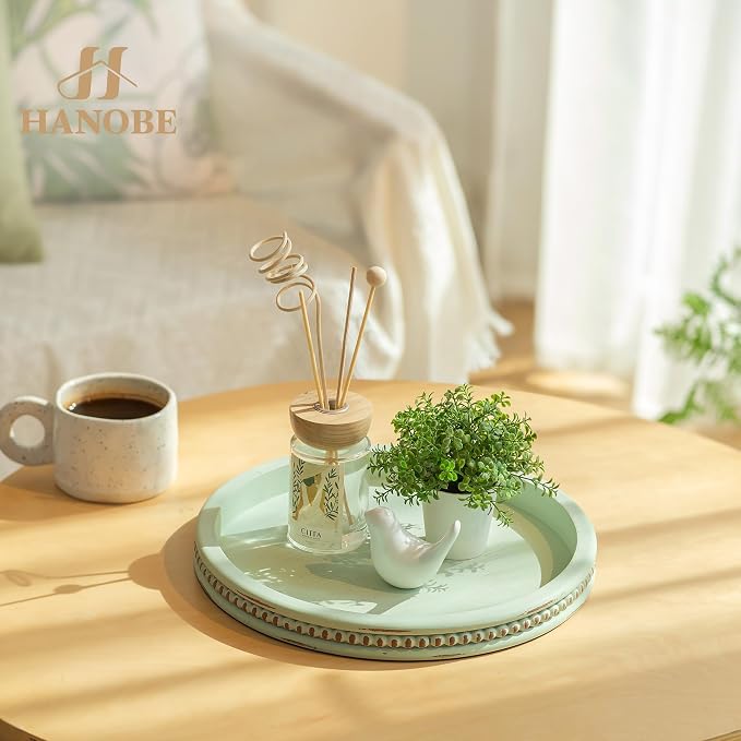 Hanobe Sage Green Decor Tray, Beaded Edge & Distressed Finish | 10.4" round - Image 6