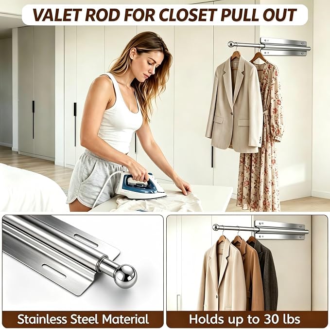 12 Inch Valet Rod for Closet Pull Out, Clothing Organizer | Stainless Steel - Image 2