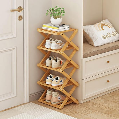 5 Tier Foldable Shoe Rack, Bamboo Vertical Shoe Organizer Tall by XZXWZX
