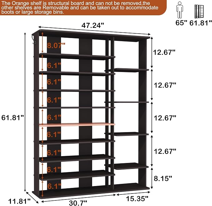 HOMEFORT 10 Tiers Shoe Rack, 50 Pairs Large Shoe Shelf, 61.8" Tall Shoe Tower - Image 3