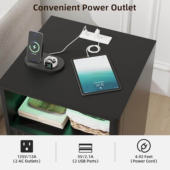VOWNER Fluted Nightstand with Charging Station, 18” RGB Night Stand with 2 - Image 3