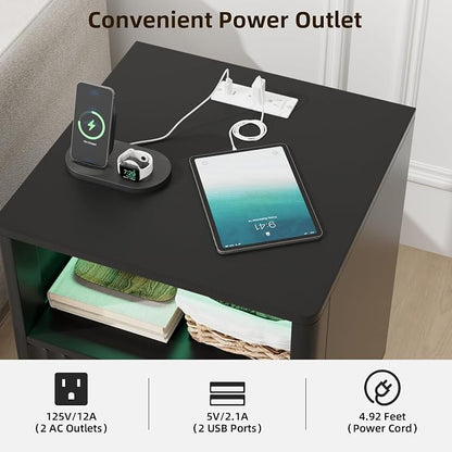 VOWNER Fluted Nightstand with Charging Station, 18” RGB Night Stand with 2 - Image 3