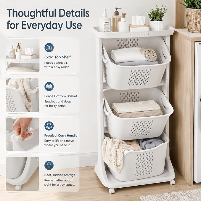 3 Tier Laundry Basket, Stackable Rolling Laundry Sorte Multi-functional Clothes - Image 7
