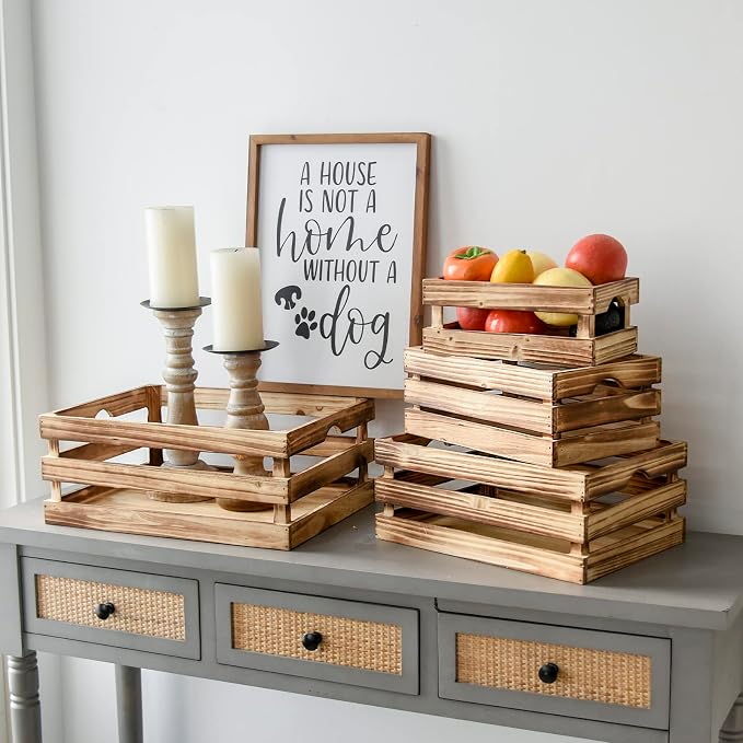 Set of 4 Large Torched Wood Decorative Storage Crates, Nesting Wooden Crates - Image 7