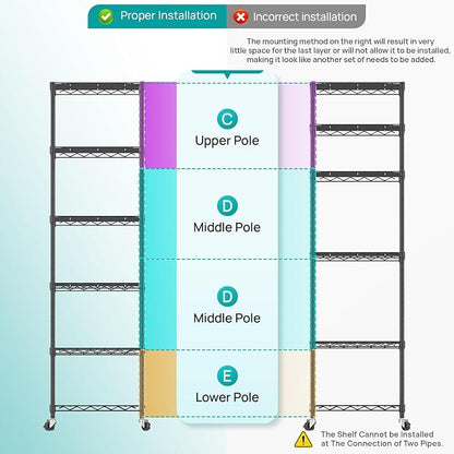 SINGAYE 6 Shelves Storage Shelf Wire Shelving Unit Metal Adjustable Wheels | - Image 3